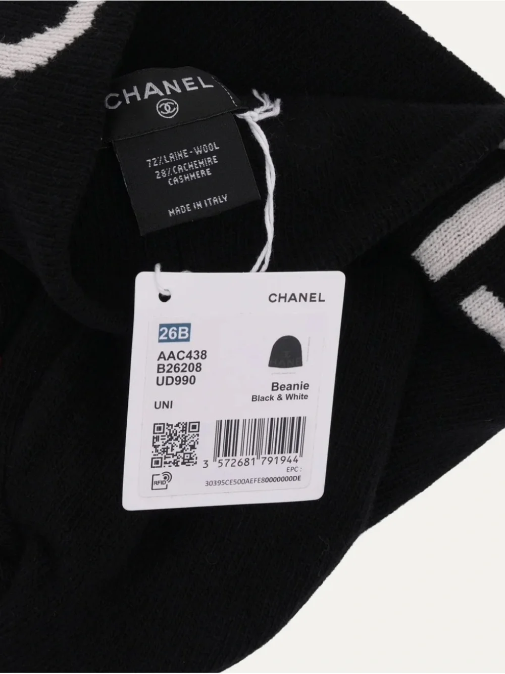 CHANEL Black and White Logo Knit Beanie